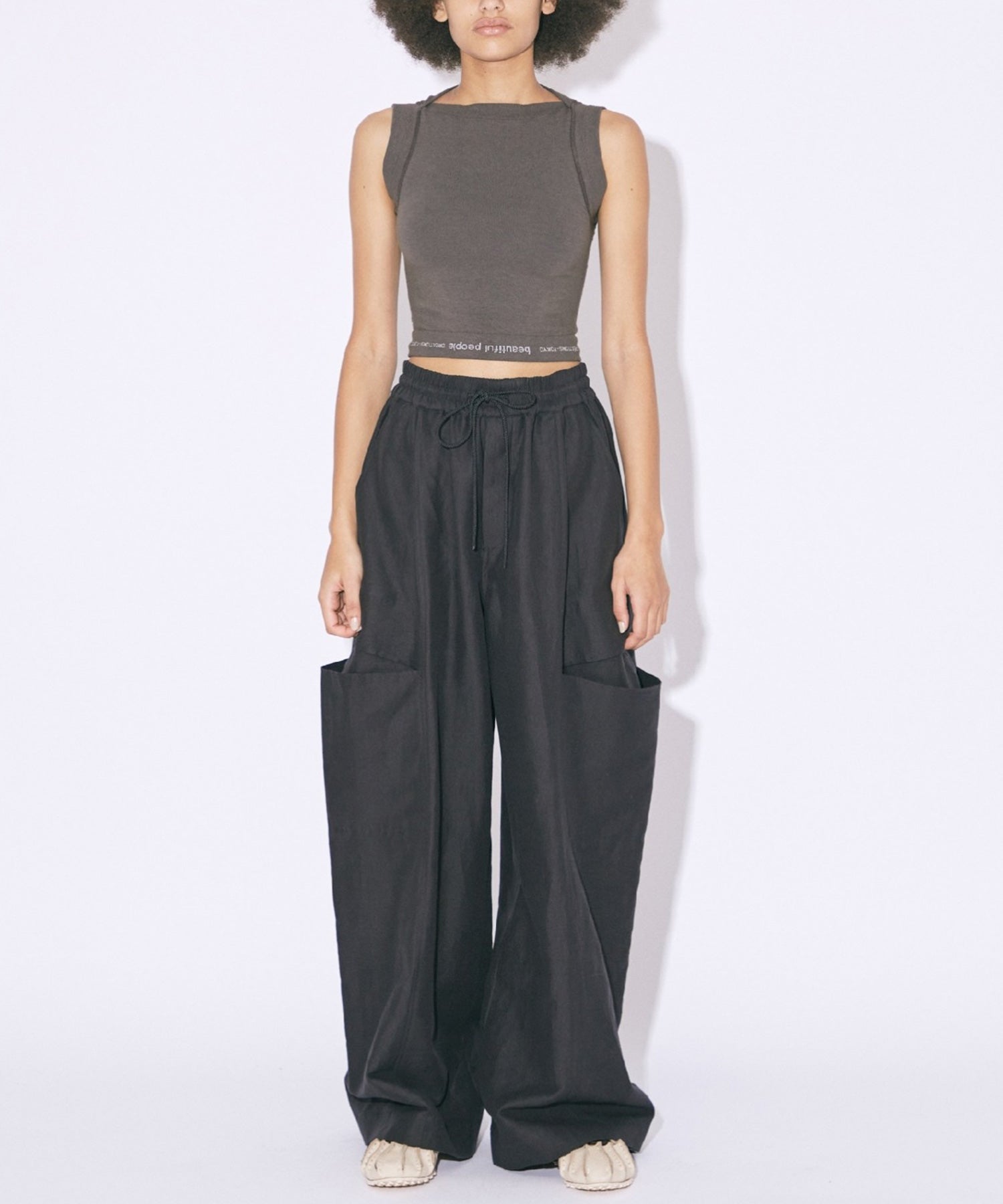 linen cotton satin bow silhouette pants