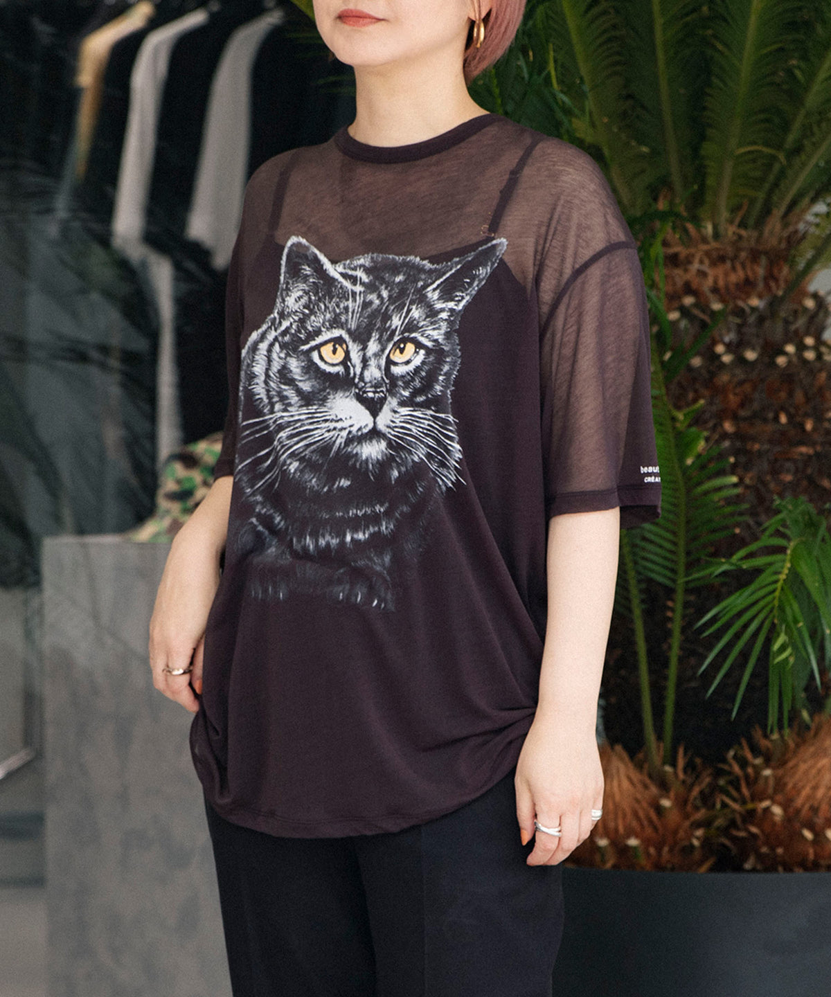 sheer jersey huge cat print T-shirt