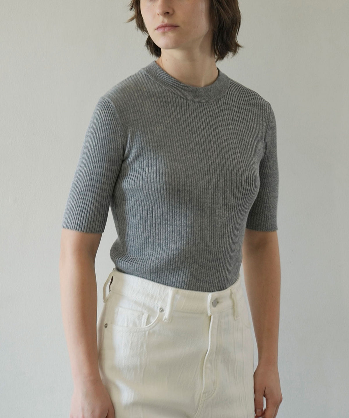 H/N HALF SLEEVE RIB KNIT TOPS