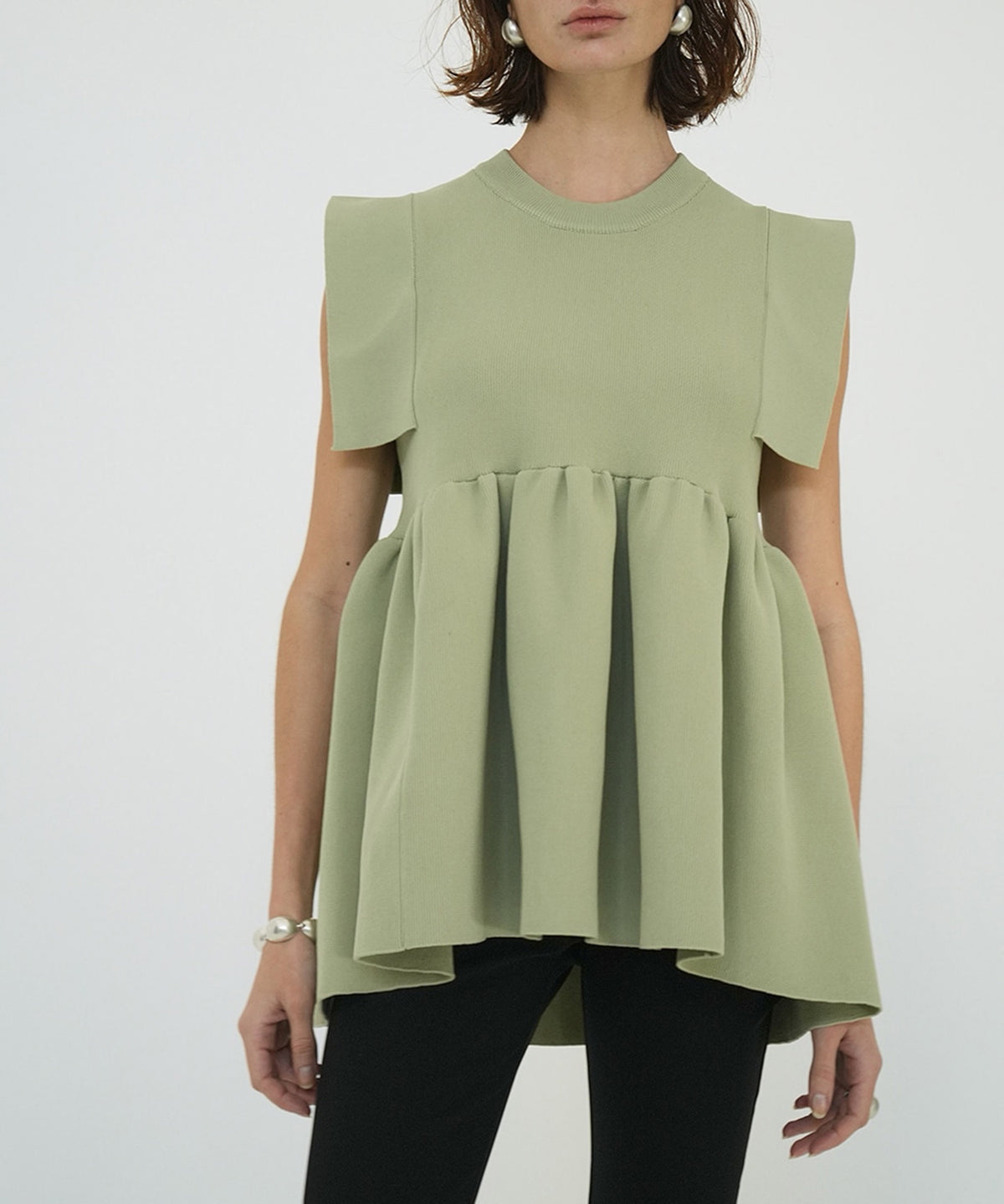 SQUARE SLEEVE GATHER KNIT TOPS