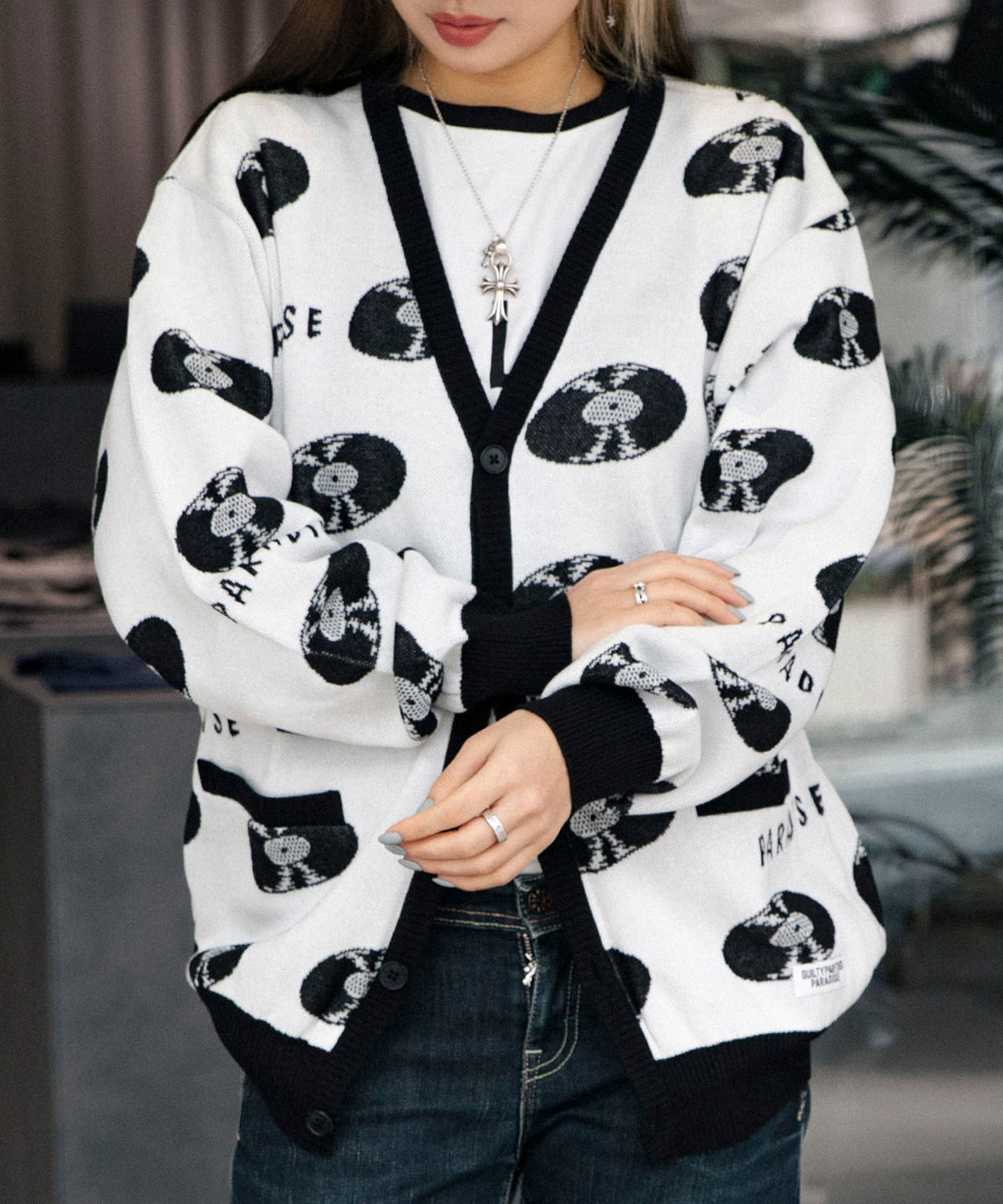 RECORDS JACQUARD KNIT CARDIGAN