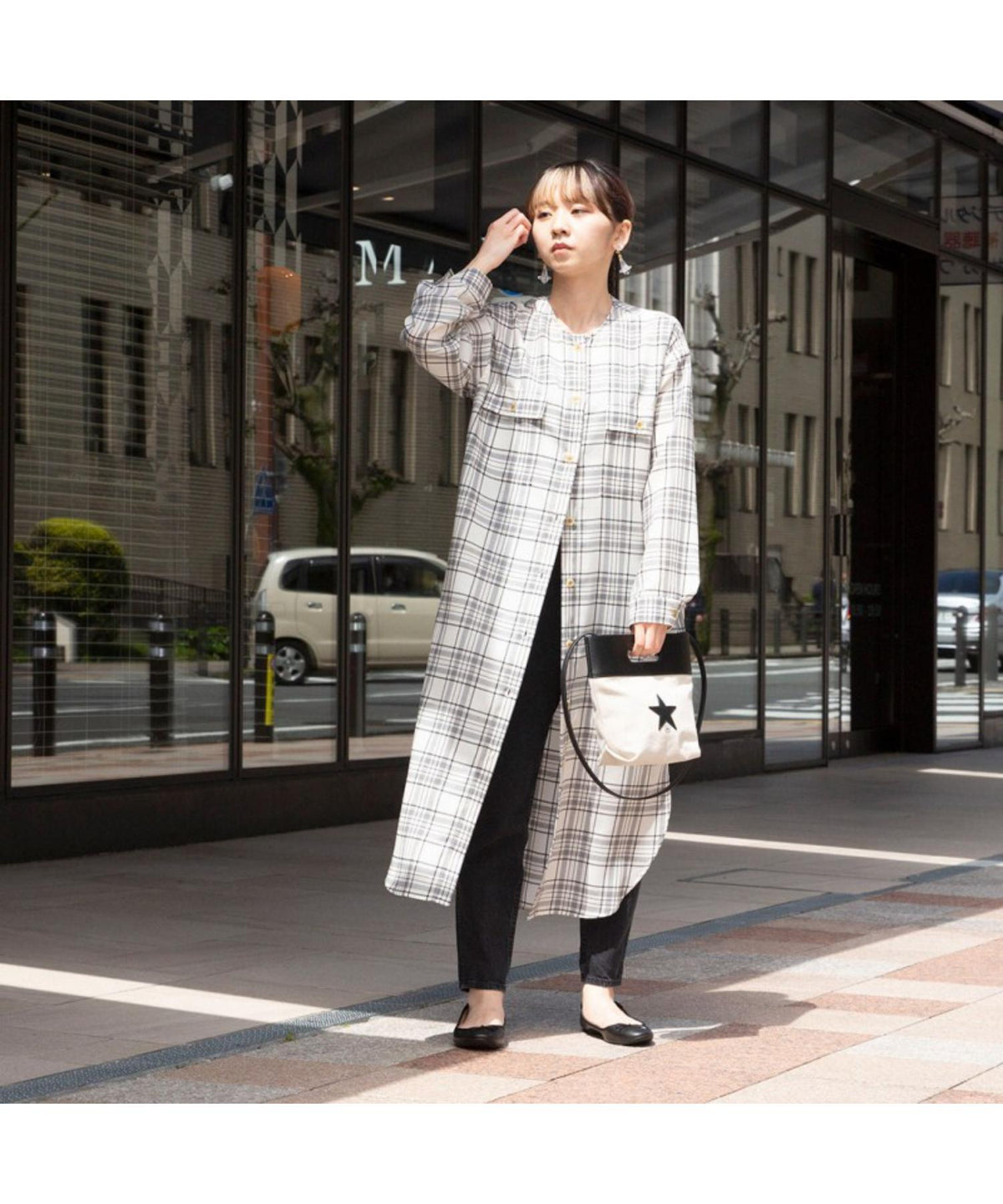 ノーカラー チェック シャツ ワンピース