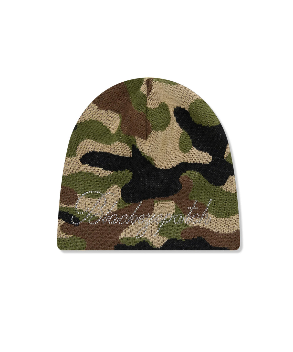 RHINESTONED SCRIPT SINGLE BEANIE WOODLAND