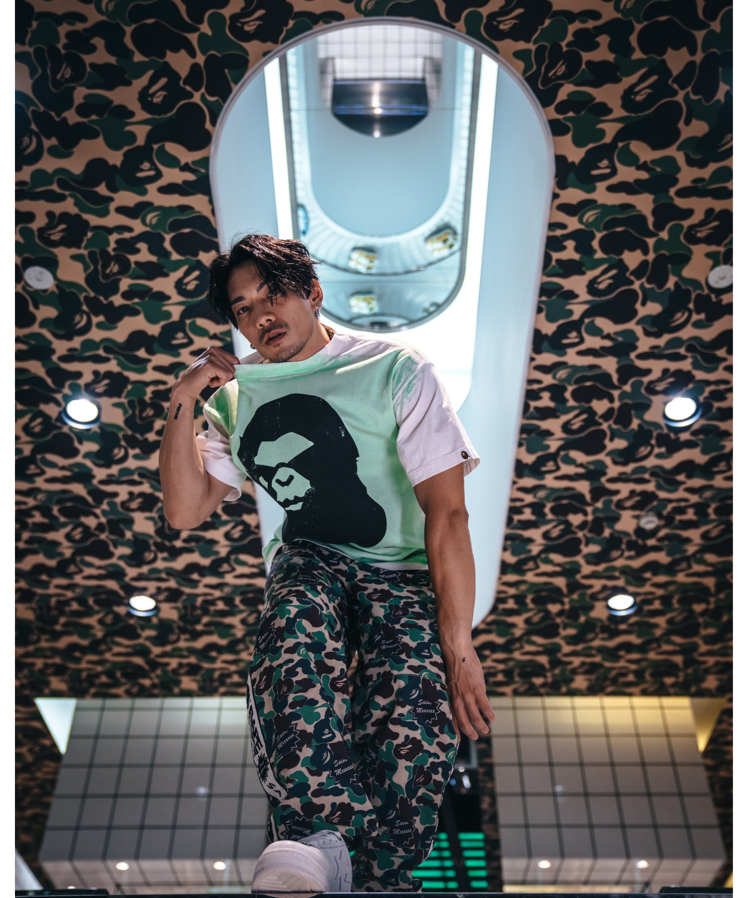 BAPE_SS TEE / HANDPRINT / WHT+GRN