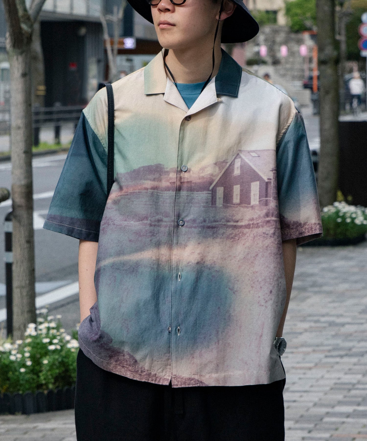 PHOTO PRINT OPEN COLLAR SHIRT