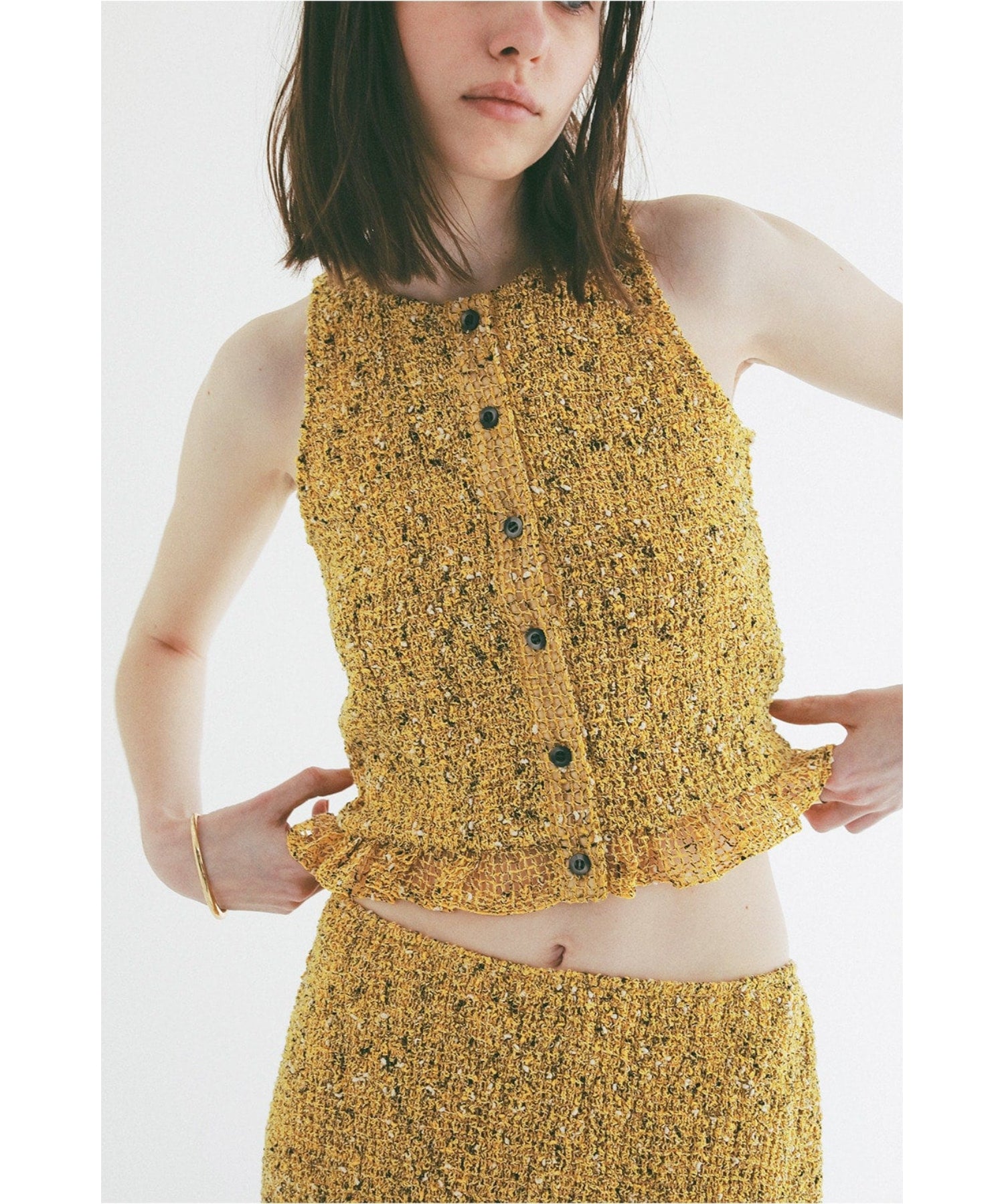 W FACE MIX MESH GATHER N/S TOPS - CLANE (クラネ) - tops (トップス