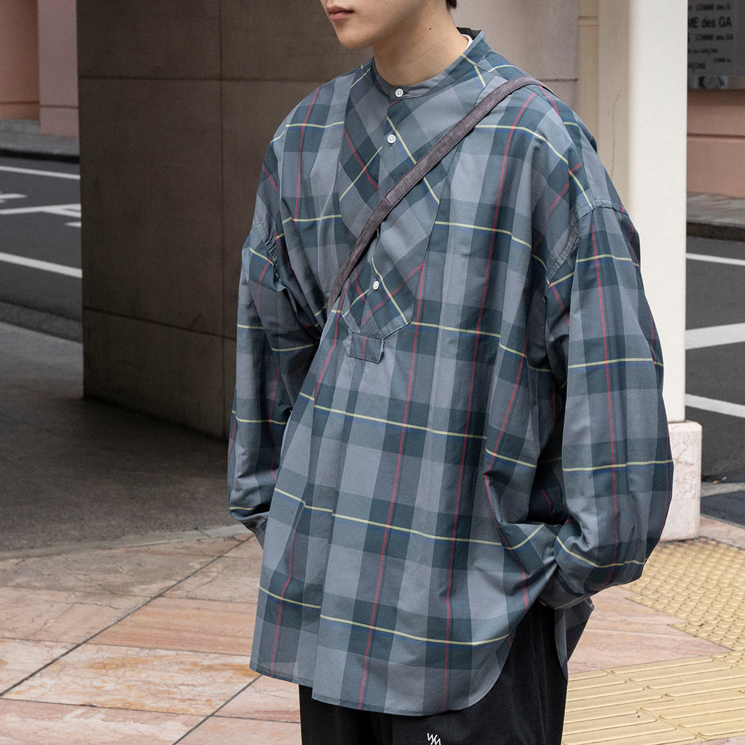 Sheer Check Oversized Band Collar Bosom Shirt