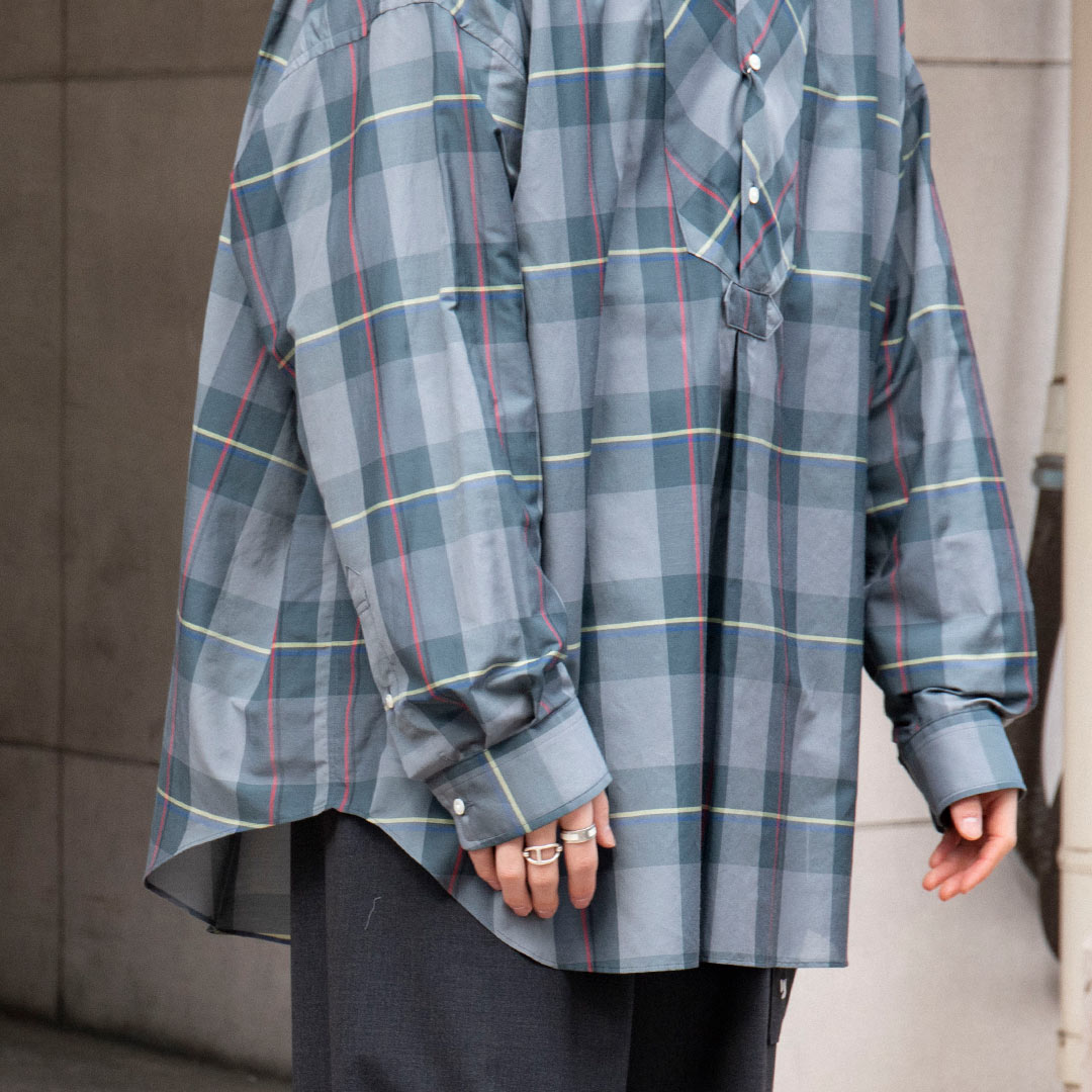 Sheer Check Oversized Band Collar Bosom Shirt