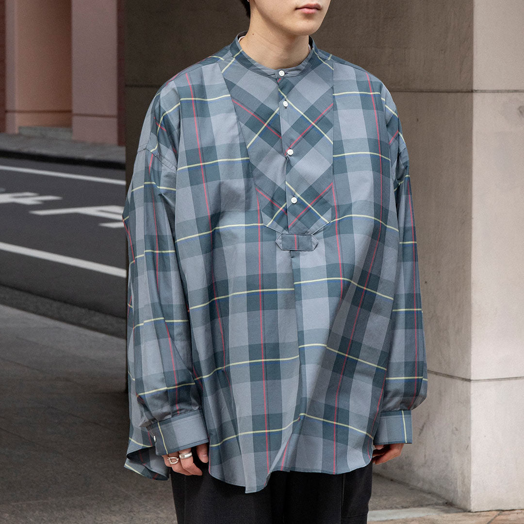 Sheer Check Oversized Band Collar Bosom Shirt