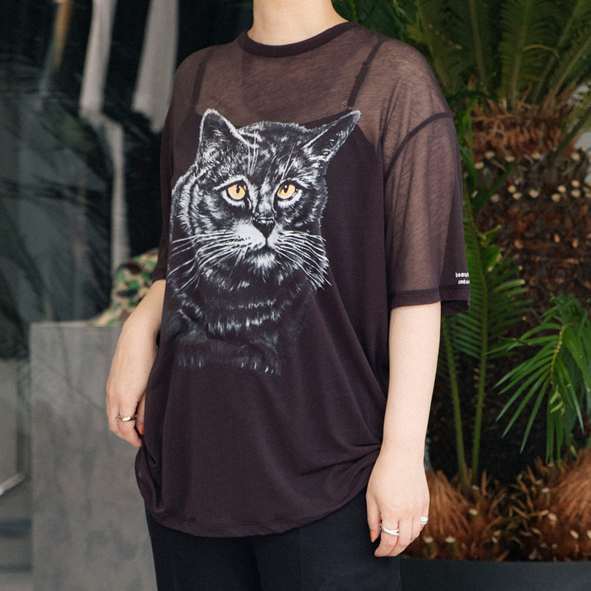 sheer jersey huge cat print T-shirt - beautiful people