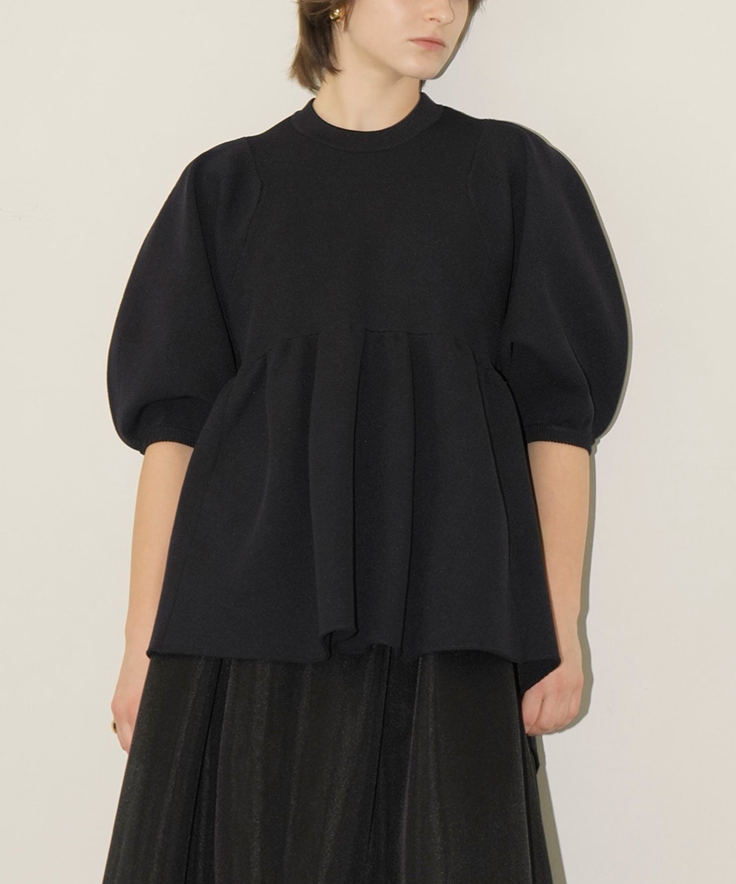 BALLOON SLEEVE GATHER KNIT TOPS - CLANE (クラネ) - tops (トップス