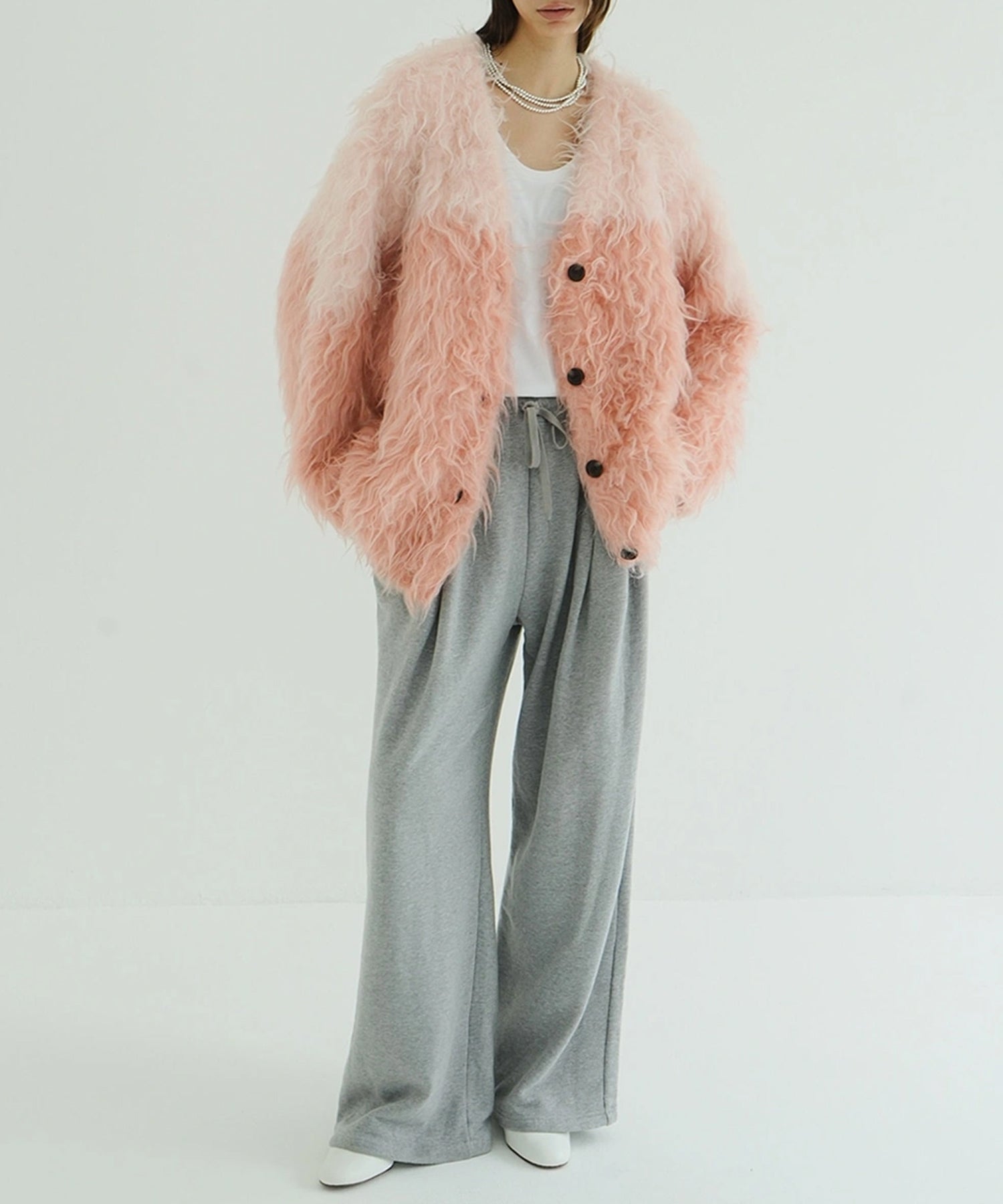 BI COLOR SHAGGY KNIT CARDIGAN