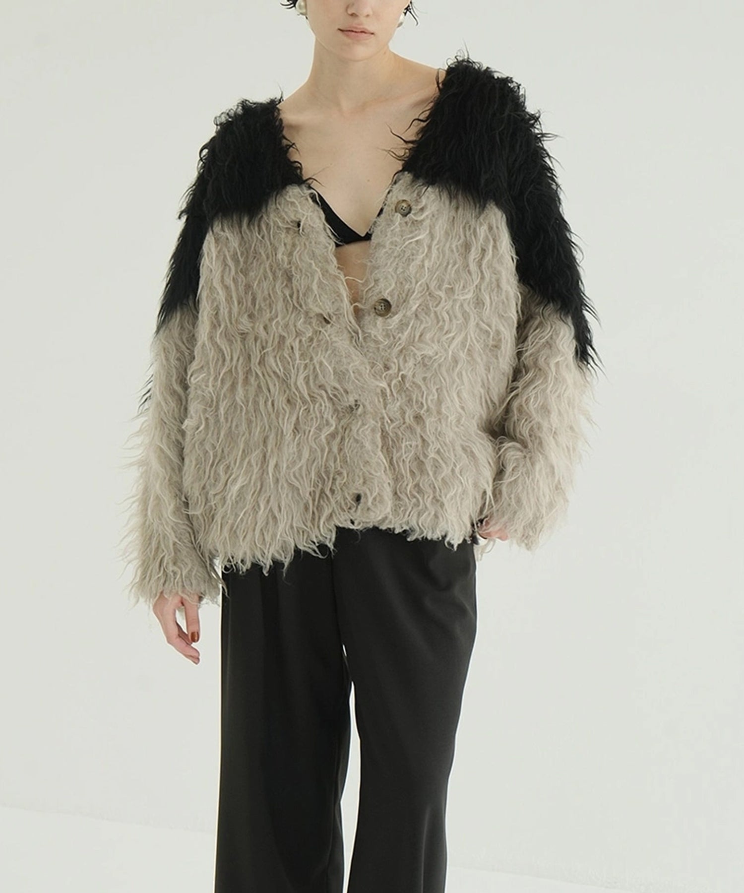 BI COLOR SHAGGY KNIT CARDIGAN