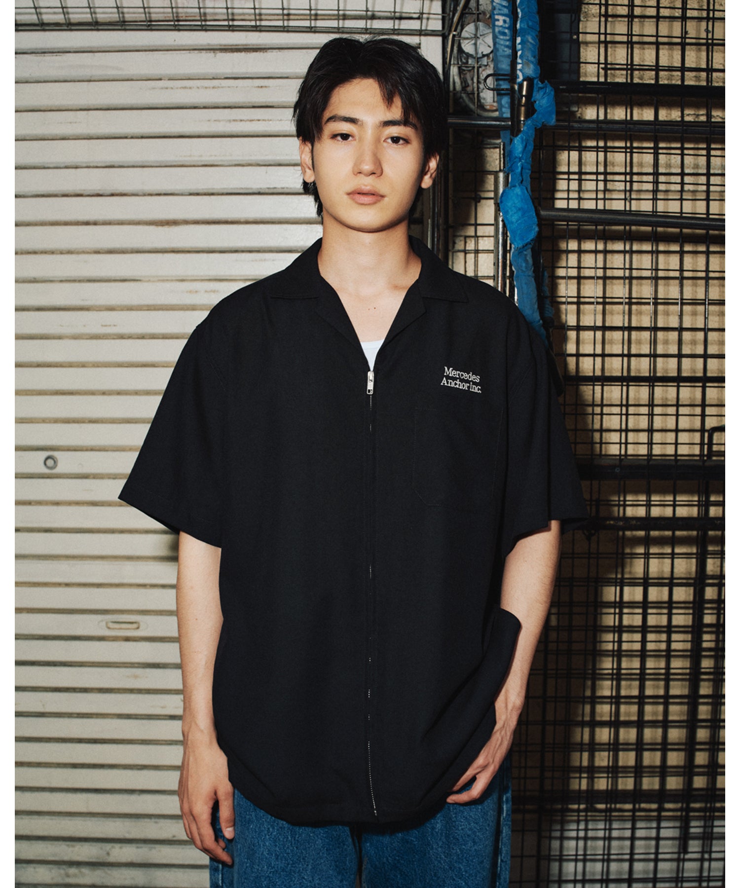 OPEN COLLARED S/S LINEN ZIP SHIRT