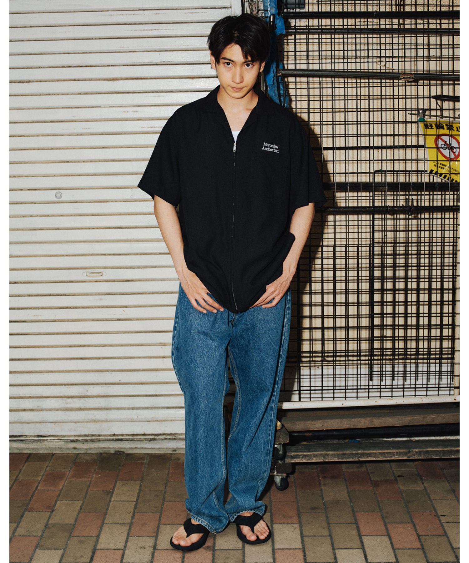 OPEN COLLARED S/S LINEN ZIP SHIRT