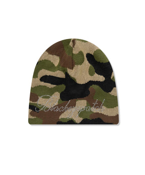 RHINESTONED SCRIPT SINGLE BEANIE WOODLAND