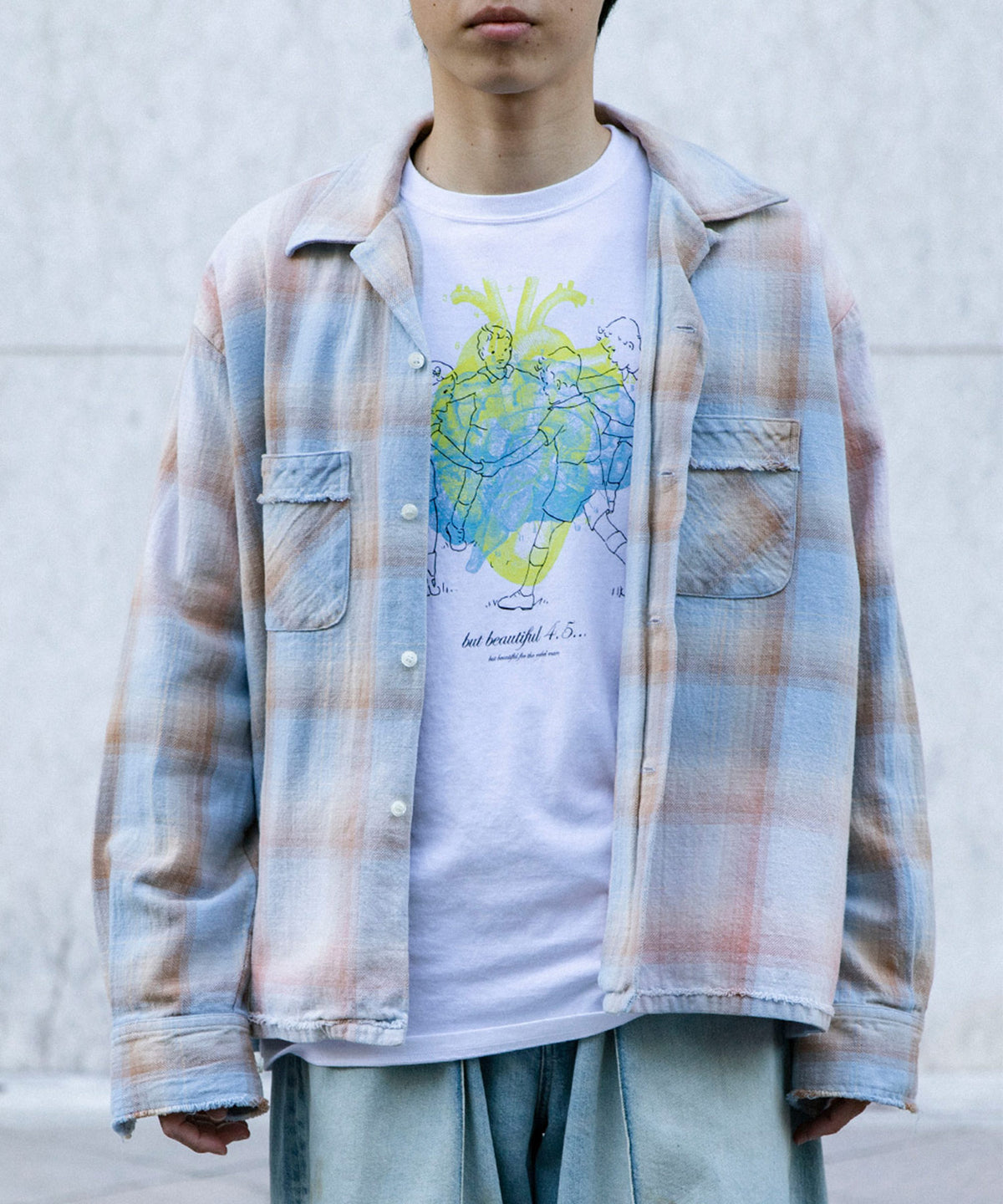 COTTON FLANNEL PLAID OPEN COLLAR SHIRT : DISTRESSED