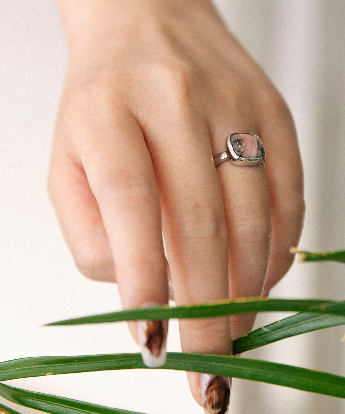 Square Cabochon Pink Opal Stone Ring