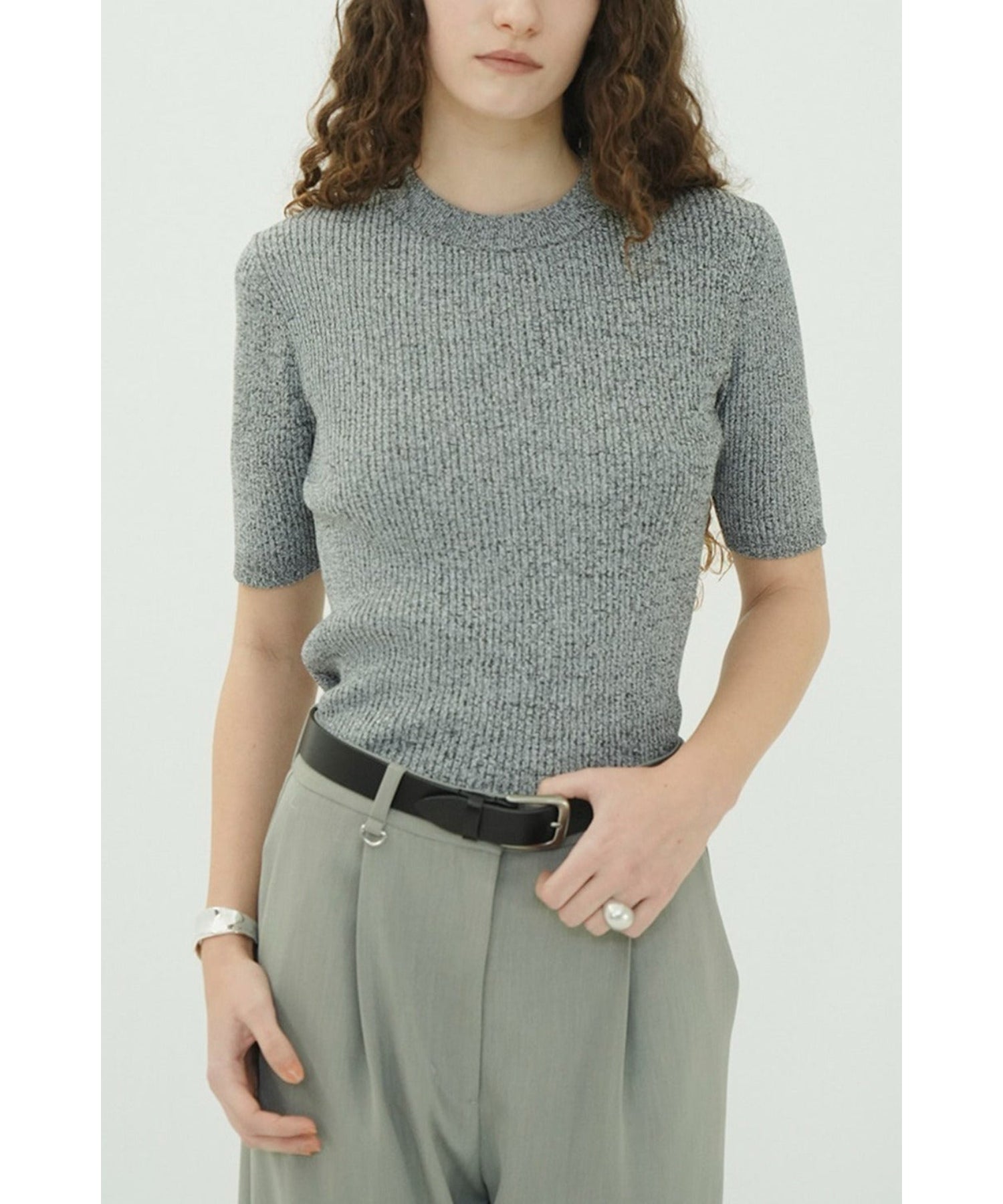 H/N HALF SLEEVE RIB KNIT TOPS - CLANE (クラネ) - tops (トップス