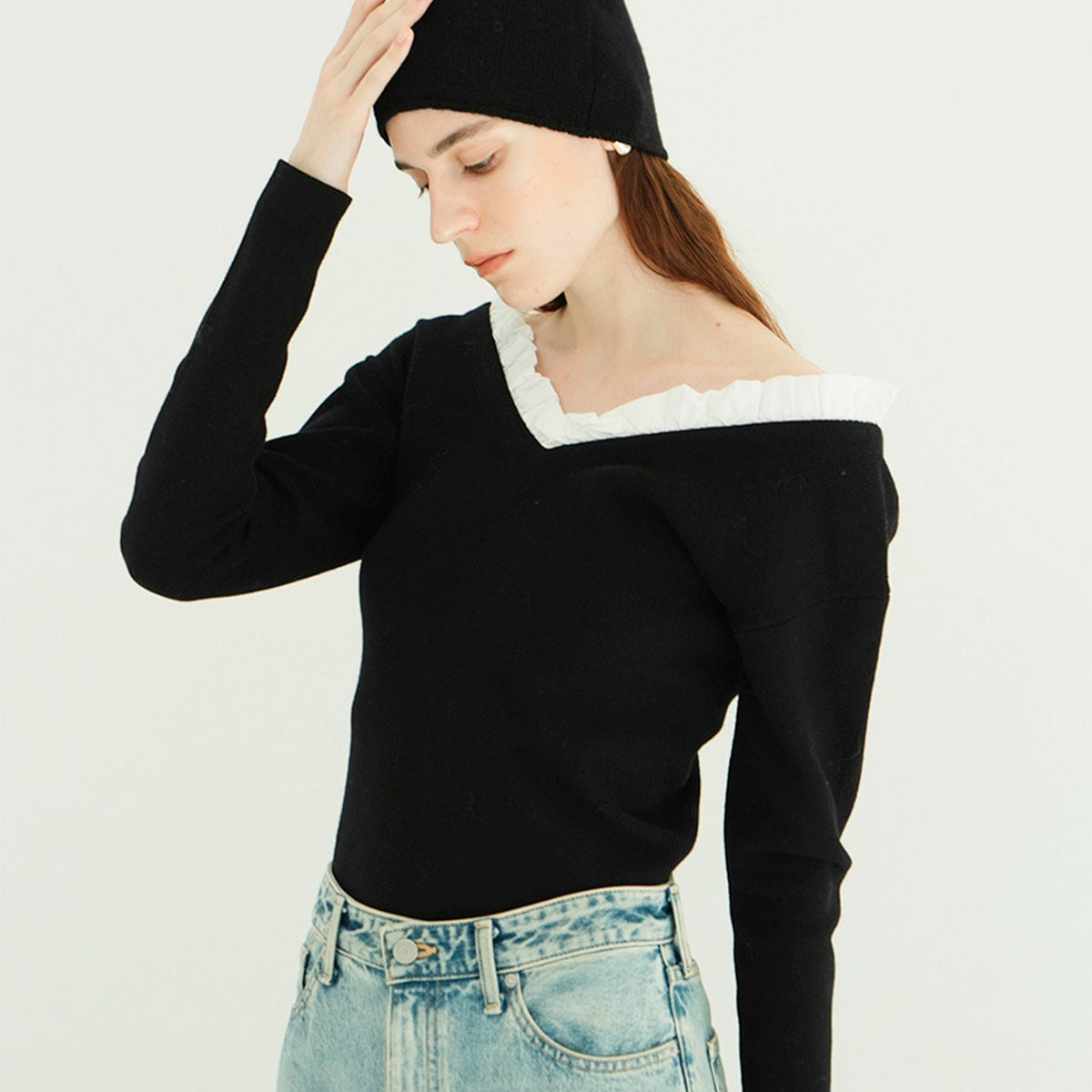2WAY FRILL V NECK KNIT TOPS - CLANE (クラネ) - tops (トップス