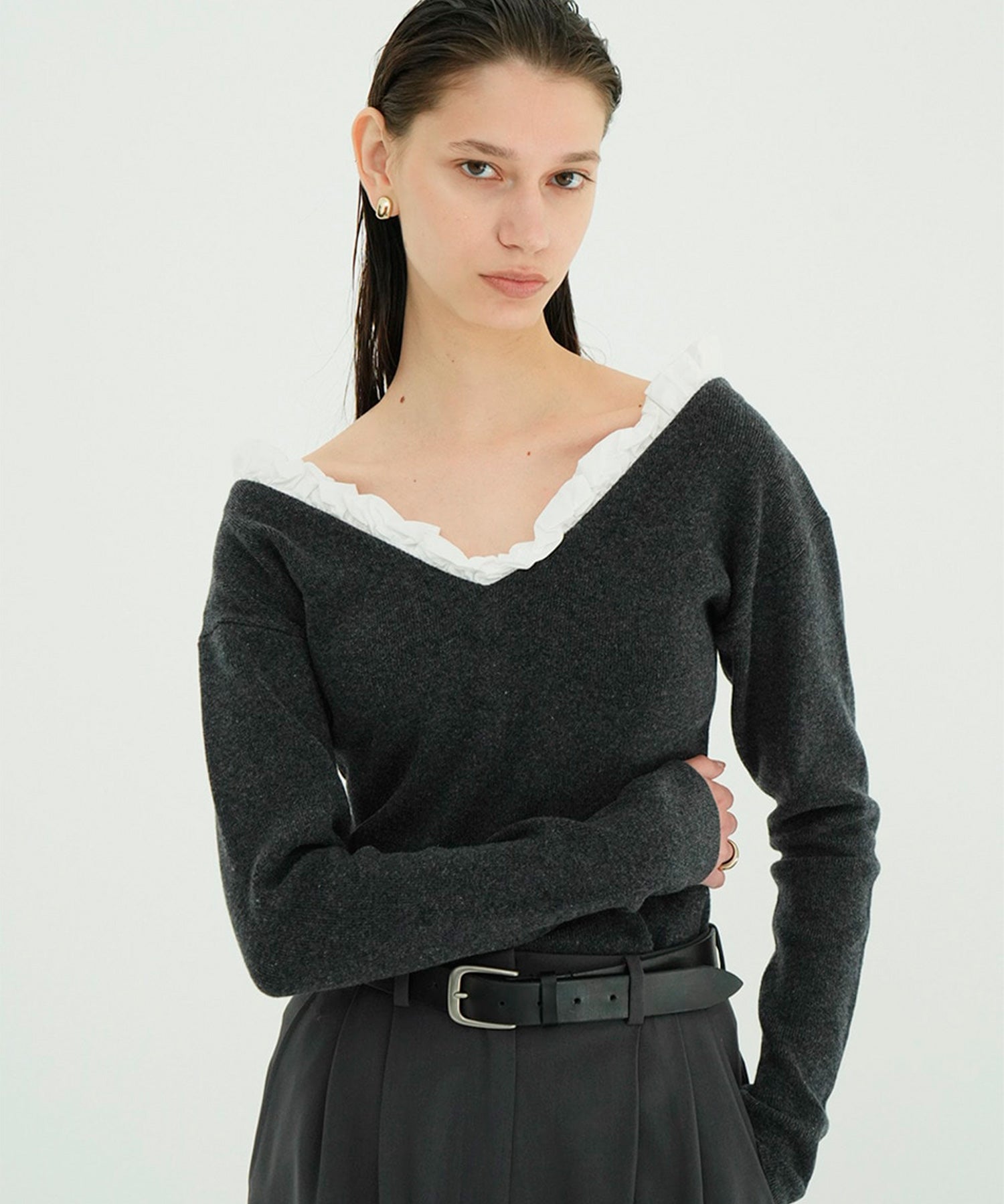 2WAY FRILL V NECK KNIT TOPS