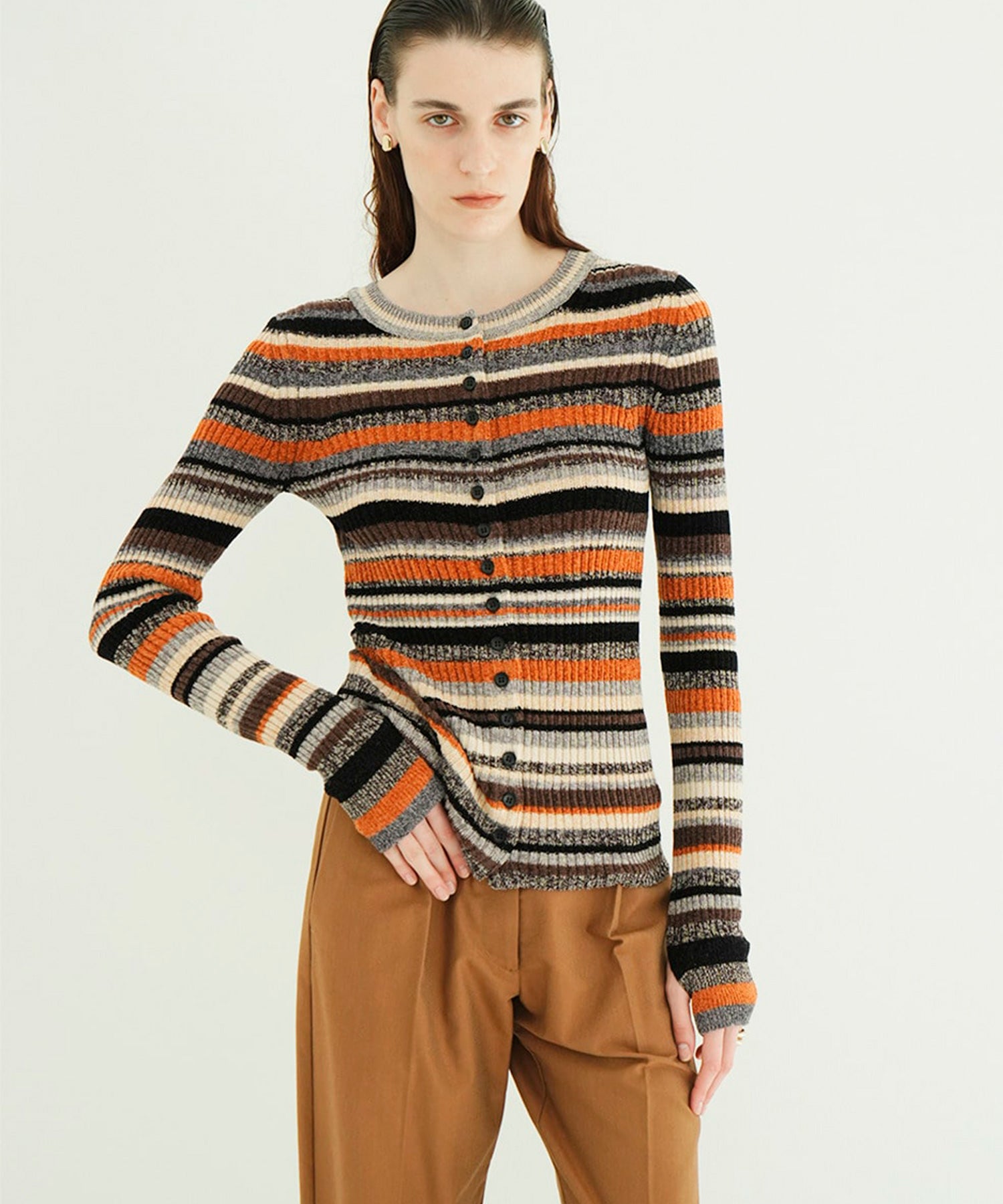 MULTI BORDER BUTTON DETAIL KNIT CARDIGAN