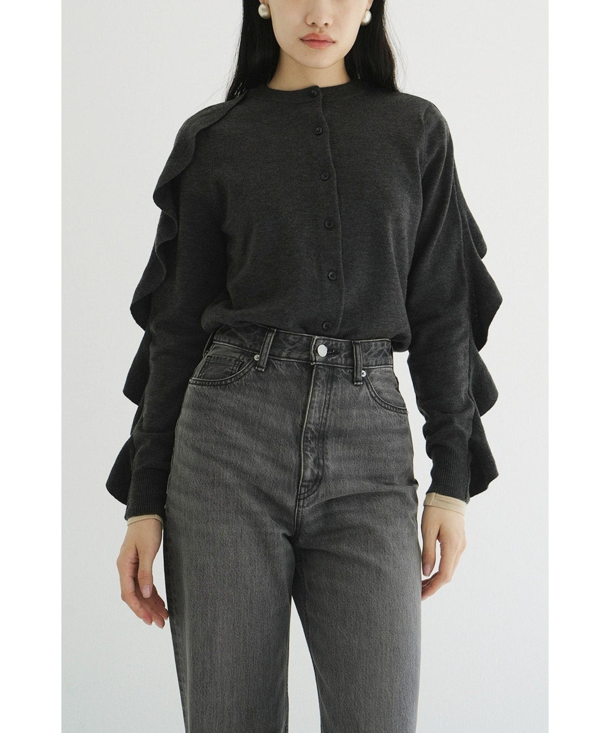 W FACE SHOULDER FRILL KNIT CARDIGAN